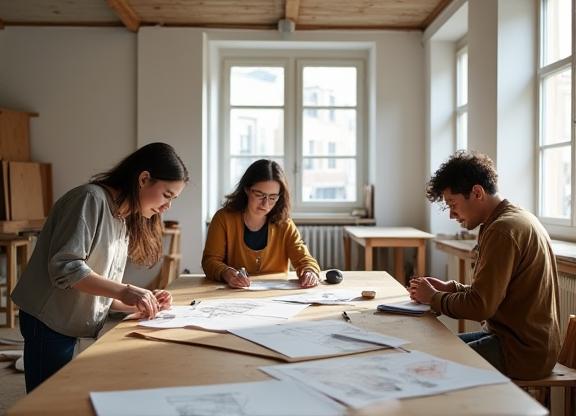 L’équipe Maison Lumineuse en atelier, créant un espace lumineux à Lyon